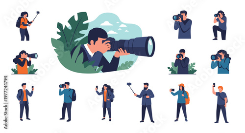 Large collection of characters illustrates various ways of taking photos using professional cameras, smartphones, and selfie sticks.