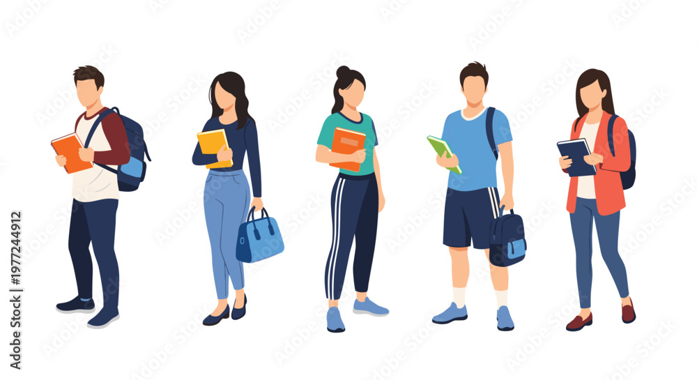 Obraz premium Diverse group of five students stands together holding books and wearing backpacks ready for a new day of learning.