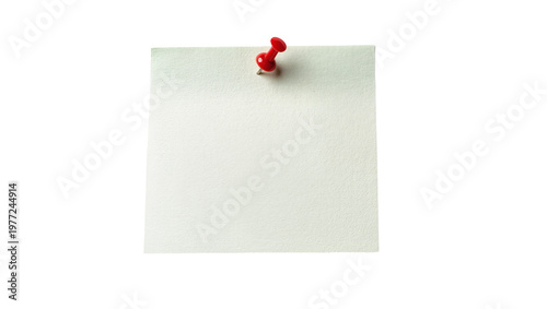 Canvas Print Red thumbtack securing a blank pale green paper note, isolated on transparent ba
