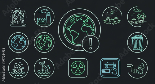 Environmental Issues and Global Warming Icons on Dark Background.