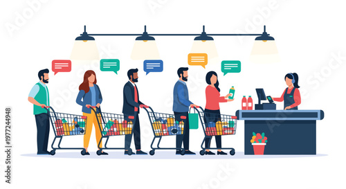 Customers with full shopping carts wait in line at a supermarket checkout counter to pay for their groceries.