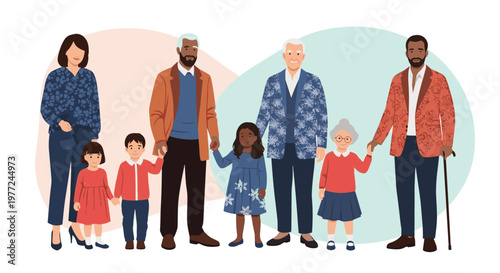 Two multi-generational families stand together highlighting diversity and the strong bond between grandparents and children.