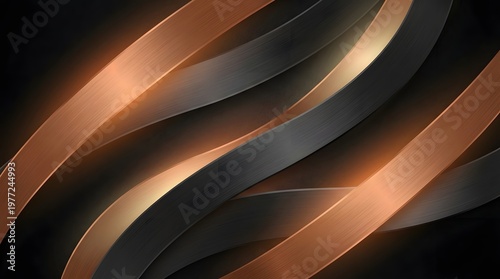 Abstract flowing ribbons of metallic copper and dark grey interweave with soft glowing highlights and depth