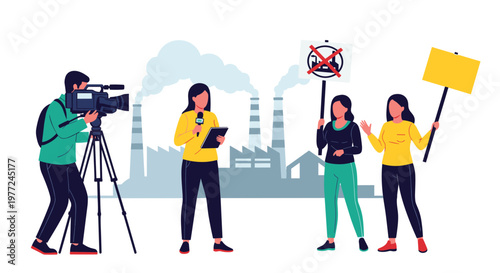News reporter and cameraman film a protest against industrial pollution with factory chimneys smoking in the distance.