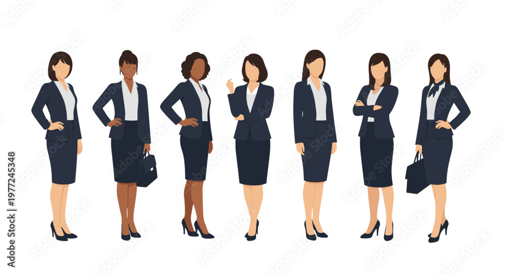 Fototapeta premium Group of professional businesswomen from diverse backgrounds standing confidently in formal navy blue suits on a plain white background.