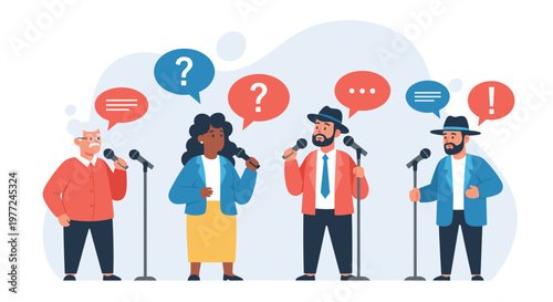 Four diverse speakers participate in a panel discussion or press conference while expressing their thoughts into microphones.