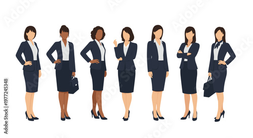 Group of professional businesswomen from diverse backgrounds standing confidently in formal navy blue suits on a plain white background.