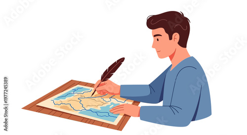 Young man drawing on a map with a feathered quill pen