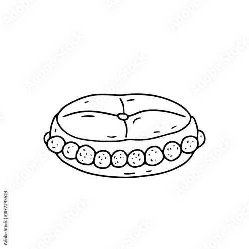 Hand drawn black and white doodle floor pillow icon. Line art boho cushion drawing vector