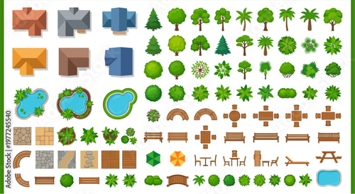 Collection of colorful top down illustrated houses trees and park elements