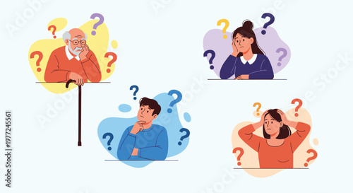 Group of individuals across different generations looking thoughtful and confused with colorful question marks floating around their heads.