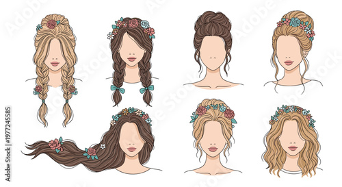 Variety of elegant female hairstyles decorated with colorful floral crowns and braids presented in a delicate line art and color illustration.