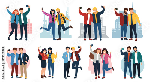 Collection of happy friends and couples taking selfies using their smartphones in front of various city and abstract background settings.