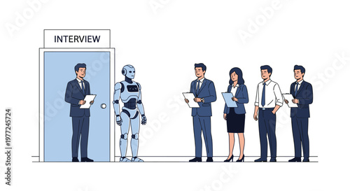 Modern workplace scene showing a humanoid robot standing in a line with human job candidates outside an interview room in a corporate office.