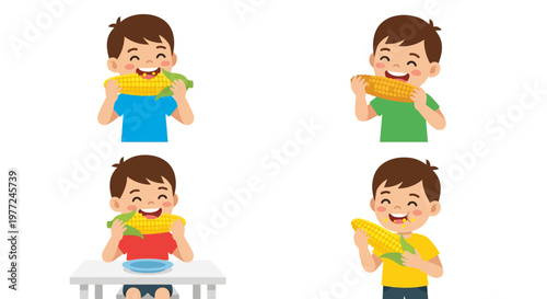 Four happy children enjoying a delicious cob of sweet corn