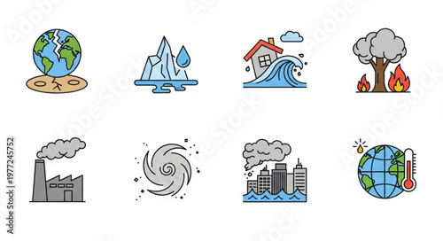 Climate Change Icons - Earth, Melting Ice, Floods, Wildfires, Pollution, Hurricanes, Rising Sea Levels, Global Warming.