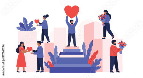 Stylized conceptual illustration of diverse people expressing love and appreciation by sharing large red hearts and bouquets of flowers.