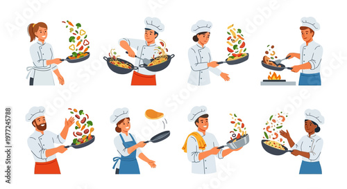 Diverse chefs tossing colorful ingredients in pans with enthusiastic expressions