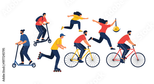 Active group of people using eco friendly modes of transportation including electric scooters, bicycles, rollerblades, and running outdoors.