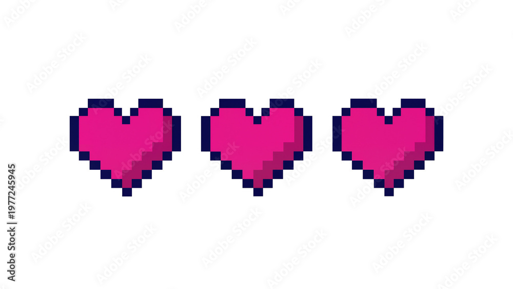 Fototapeta premium Three pixelated pink hearts with dark blue outlines, isolated on transparent background