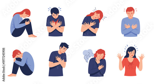 Emotional illustrations of different people experiencing physical pain or deep emotional distress like chest tightness, grief, and sadness.
