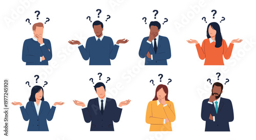 Collection of diverse professionals in business attire looking confused and shrugging their shoulders with question marks above their heads.
