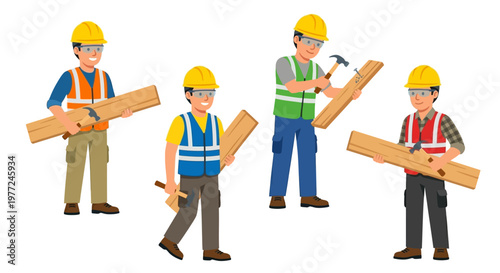 Four construction workers with safety gear and wooden planks