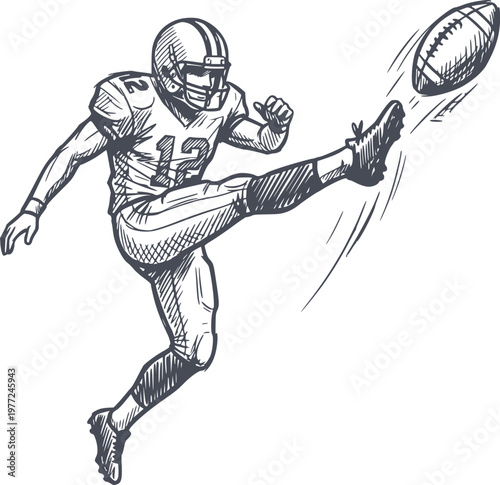 hand drawn illustration of an american football punter kicking the ball in navy blue style with no white fills for versatile design use
