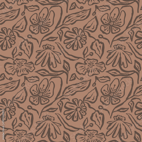 Brush strokes inky flowers brown seamless pattern