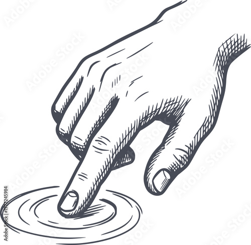hand drawn style illustration of a finger pressing a digital screen or surface with circular ripples no white fills included and navy dark lines