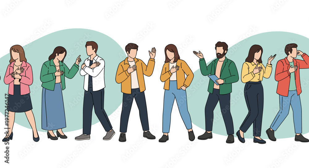 Obraz premium Large group of diverse people in casual and professional attire walking and engaging in expressive conversations.