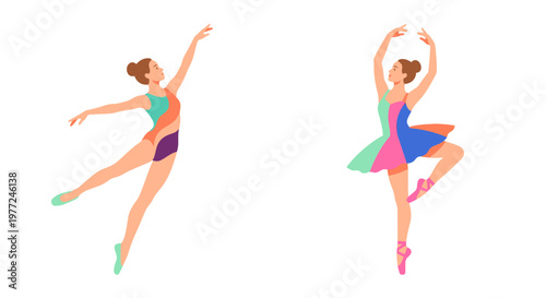 Two ballet dancers posed mid air showcasing graceful movement and form