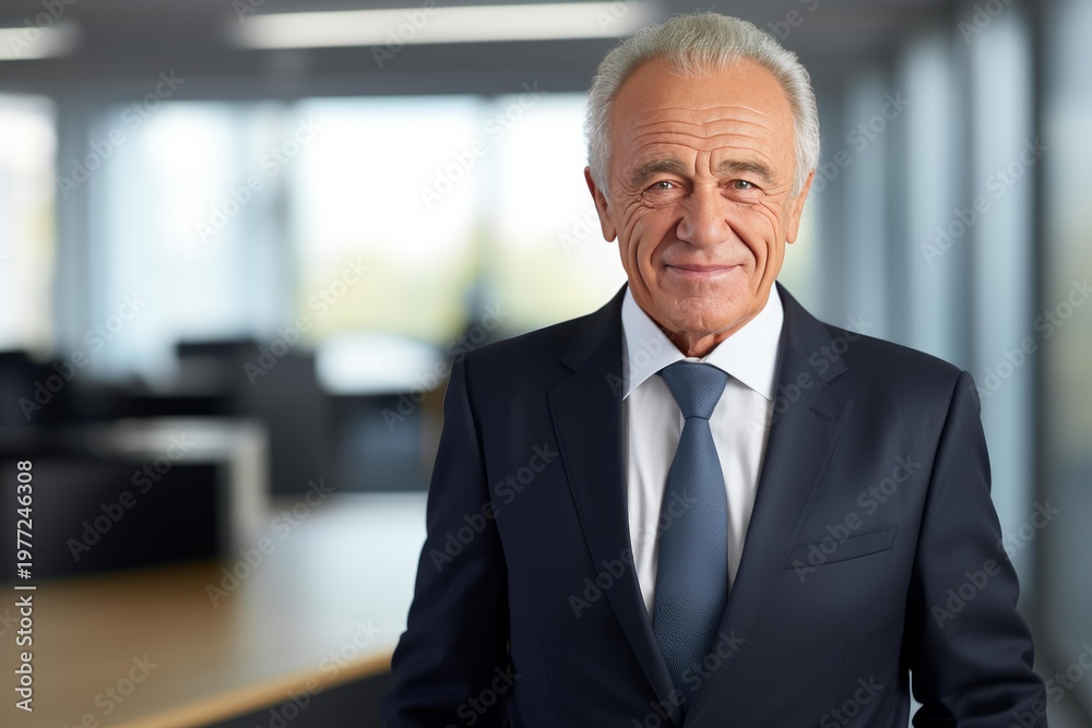 Naklejka premium Experienced professional man wearing a suit and tie, posing in a corporate workspace