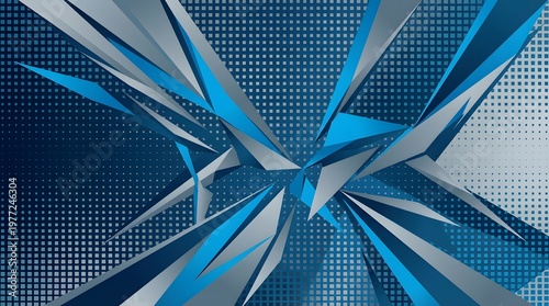 A dynamic abstract explosion of sharp blue and silver geometric shards against a textured blue dotted background