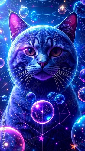 Cat in a cosmic setting with colorful bubbles floating around during a digital art creation