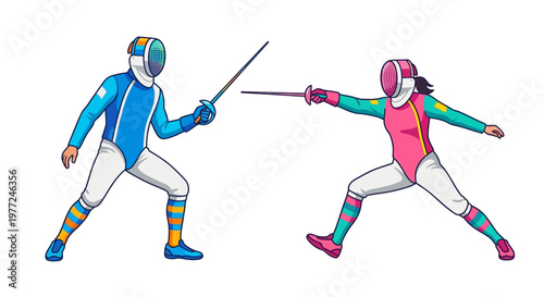 Two fencers engaged in a bout poised for action with swords