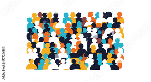 Dense crowd of colorful human silhouettes representing diversity and a large community of people standing together.