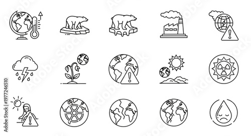 Global Warming and Climate Change Icons Depicting Environmental Issues.