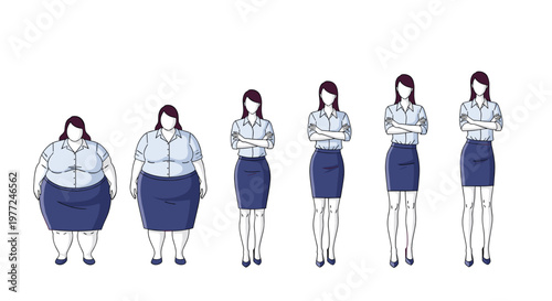 Sequence of illustrations showing a woman transforming from overweight to a slim and fit body for weight loss concept.