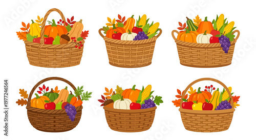 Colorful autumn harvest baskets filled with seasonal fruits and vegetables