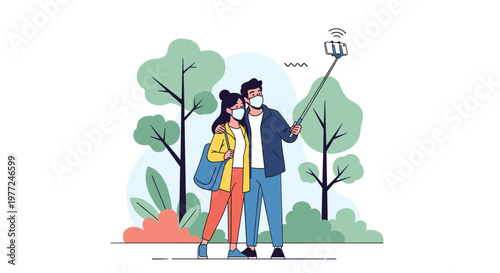 Young couple wearing face masks taking a selfie with a smartphone and stick while enjoying a walk in a green park.