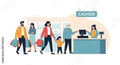 Diverse group of customers with shopping bags standing in a line at a cashier counter in a modern retail store.