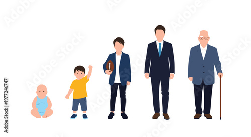 Aging process of a man from a baby and toddler to a professional adult and finally an elderly person with a cane.