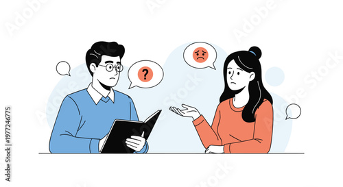 Man and woman engaged in a difficult conversation with speech bubbles showing questions and emotional confusion.