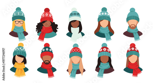 Collection of ten diverse avatar portraits wearing various colorful winter hats and scarves for the cold season.