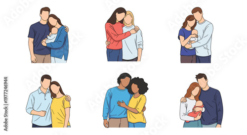 Collection of character illustrations showing diverse couples and families with newborn babies in various loving poses.