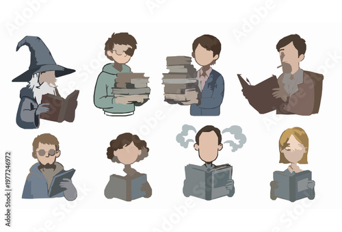 Fantasy book character set hand drawn vector with storytelling readers and imaginative figures isolated on white