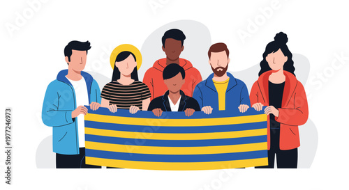 Diverse group of people standing together and holding a striped blue and yellow flag representing a shared identity.