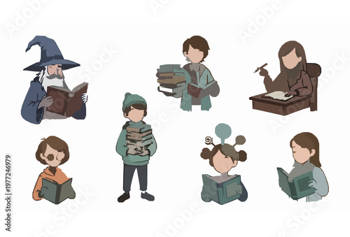 Fantasy book character set hand drawn vector with storytelling readers and imaginative figures isolated on white