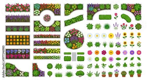 Overhead view of various colorful garden bed and floral arrangements